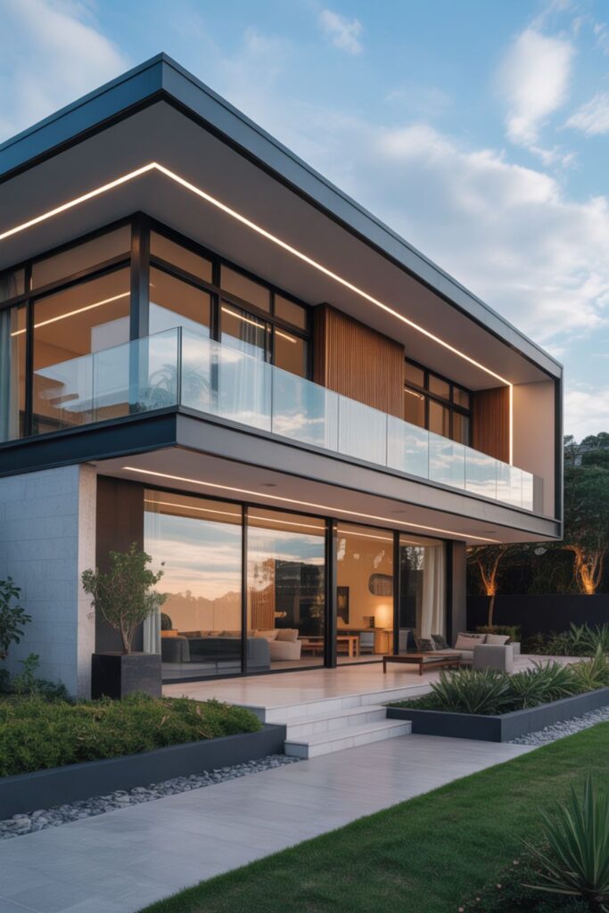 A modern close-up of the house's front elevation highlights the following: Flat roof with elegant finish Mix of materials (glass, wood, concrete, stone) Large windows and open porch design Smart LED outdoor lighting at the facade Simple landscaping with potted plants or green walls