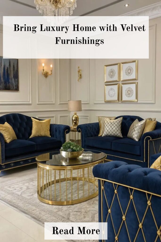Luxurious living room with velvet furnishings, plush seating, rich textures, and elegant accents that create a sophisticated and inviting interior space