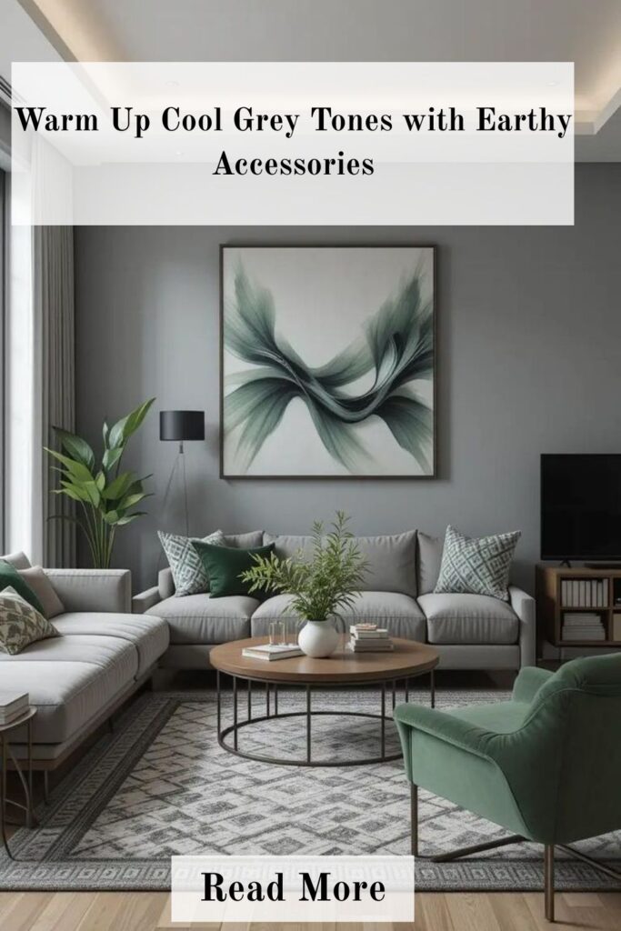 Grey living room enhanced with earthy accessories, warm-toned cushions, natural textures, and decorative accents that create a cozy and balanced atmosphere.