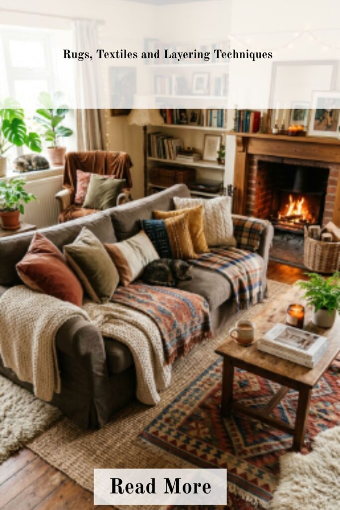 Rugs textiles and layering techniques in a cozy living room