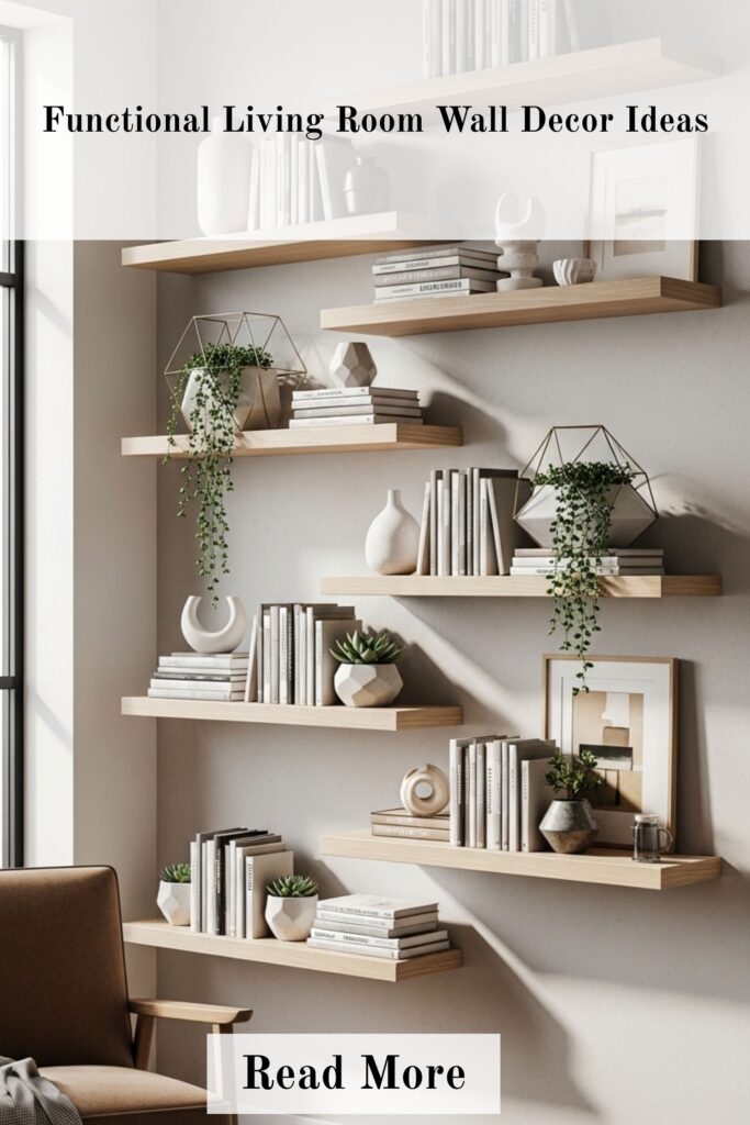 Functional living room wall with floating shelves holding books, plants, and decor