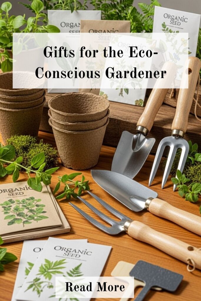 Eco-conscious gardening gift ideas with biodegradable pots, organic seeds, compost tools, and recycled gardening accessories.