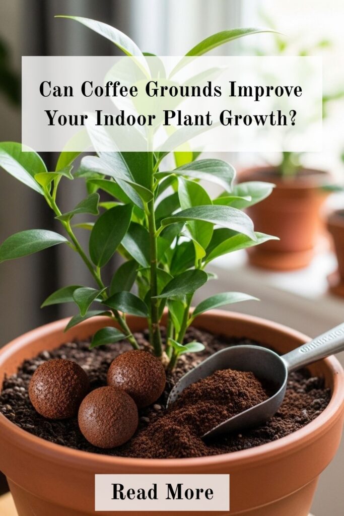Coffee grounds being mixed into the soil of vibrant indoor plants, highlighting natural ways to enhance plant growth.