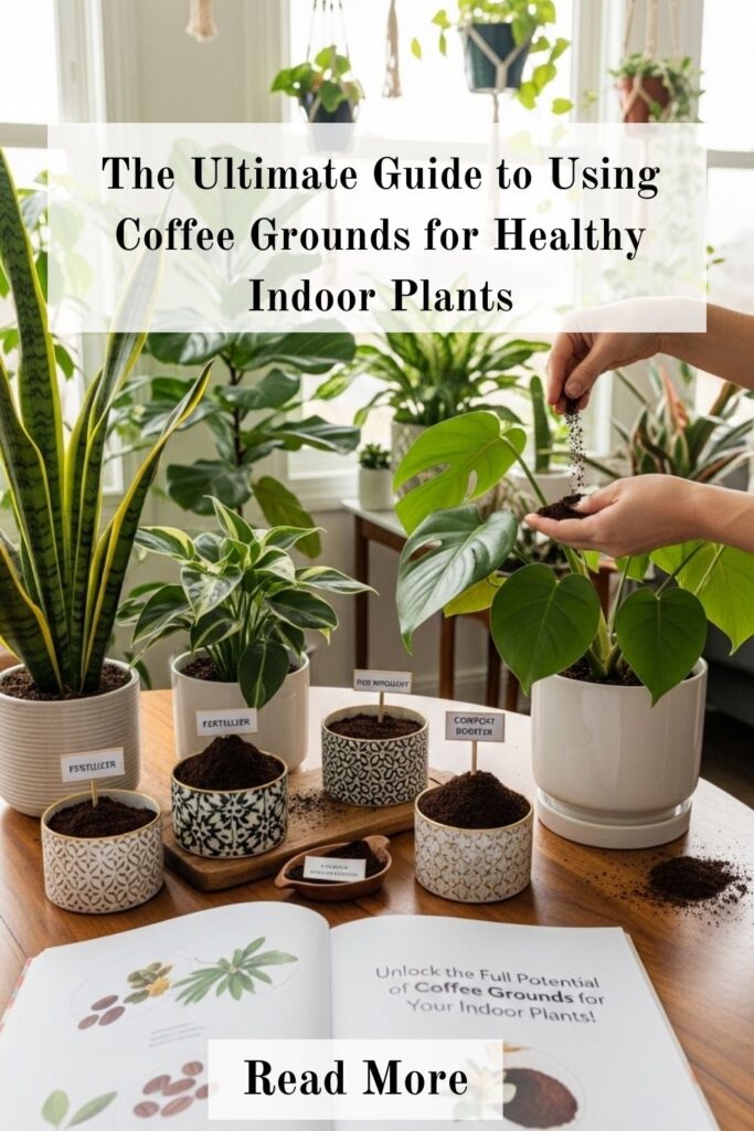 A variety of healthy indoor plants with coffee grounds being added to the soil, illustrating natural fertilization and plant care.