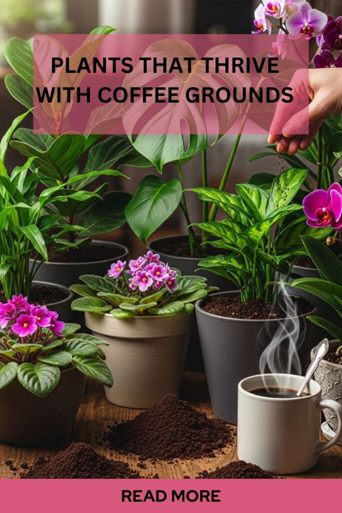 A collection of healthy houseplants in pots with coffee grounds sprinkled on the soil, showing plants that benefit from natural fertilization.