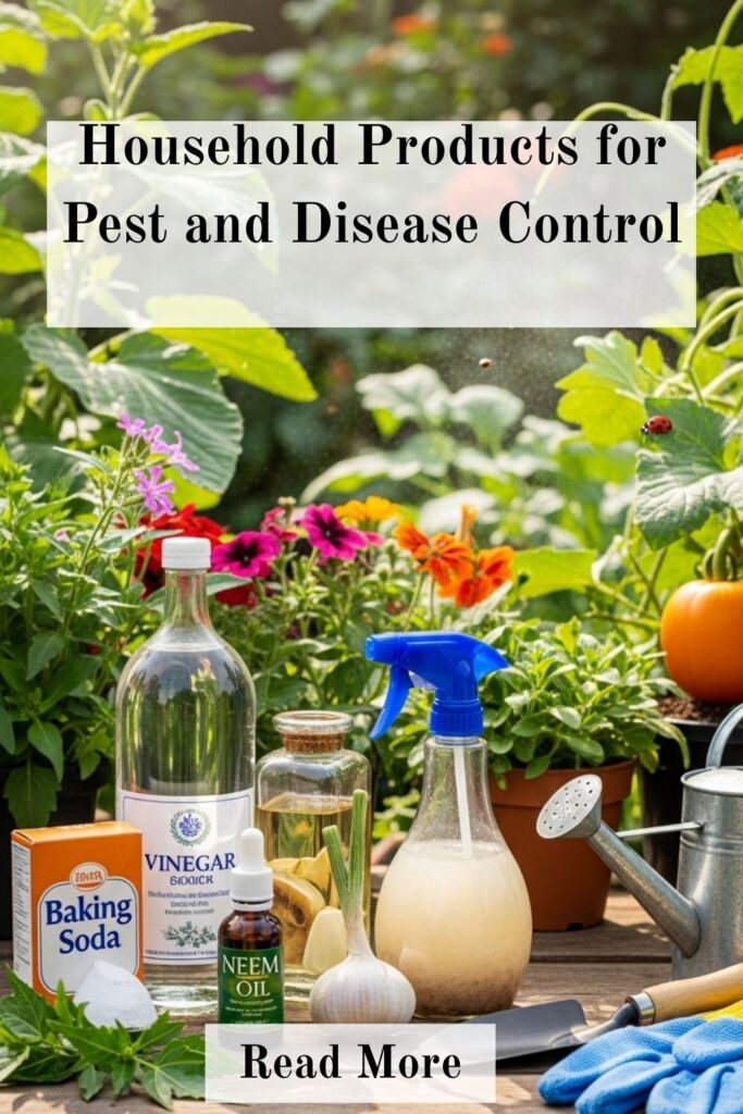 Healthy garden plants are protected from pests using natural household products such as vinegar, baking soda, and garlic sprays.
