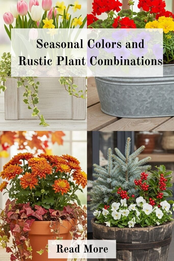 Seasonal rustic planter ideas featuring colorful flowers, autumn leaves, and winter evergreens in wooden, metal, and terracotta planters arranged beautifully in an outdoor garden.