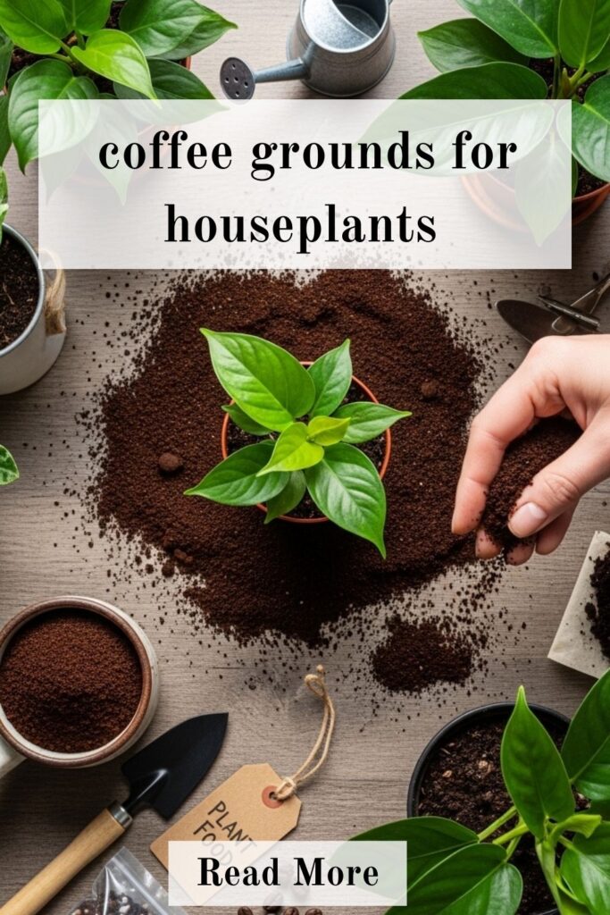 Hands gently sprinkling coffee grounds around potted houseplants, demonstrating safe and natural plant care techniques.
