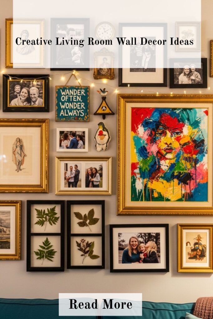 Creative living room wall with an eclectic gallery of art, photos, and unique decor pieces