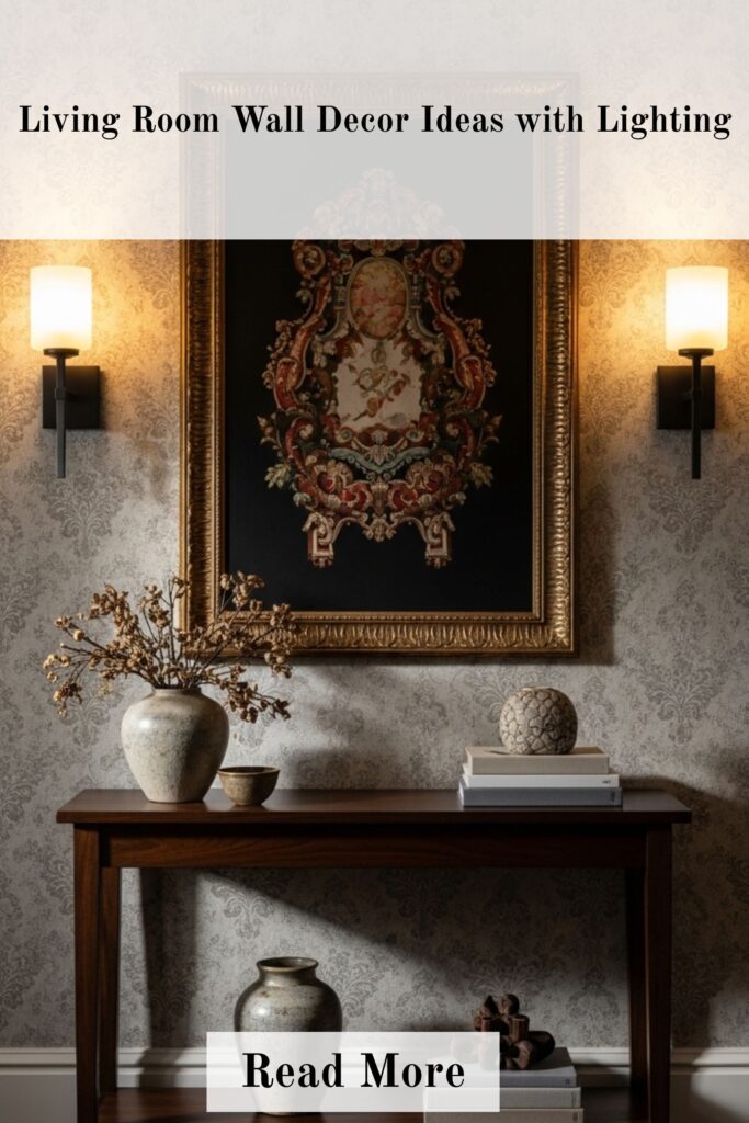 Living room wall decor with elegant wall sconces highlighting framed artwork
