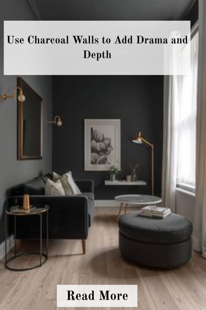 Charcoal-painted living room walls adding drama and depth, complemented by stylish furniture, layered textures, and modern decor for a bold, elegant look