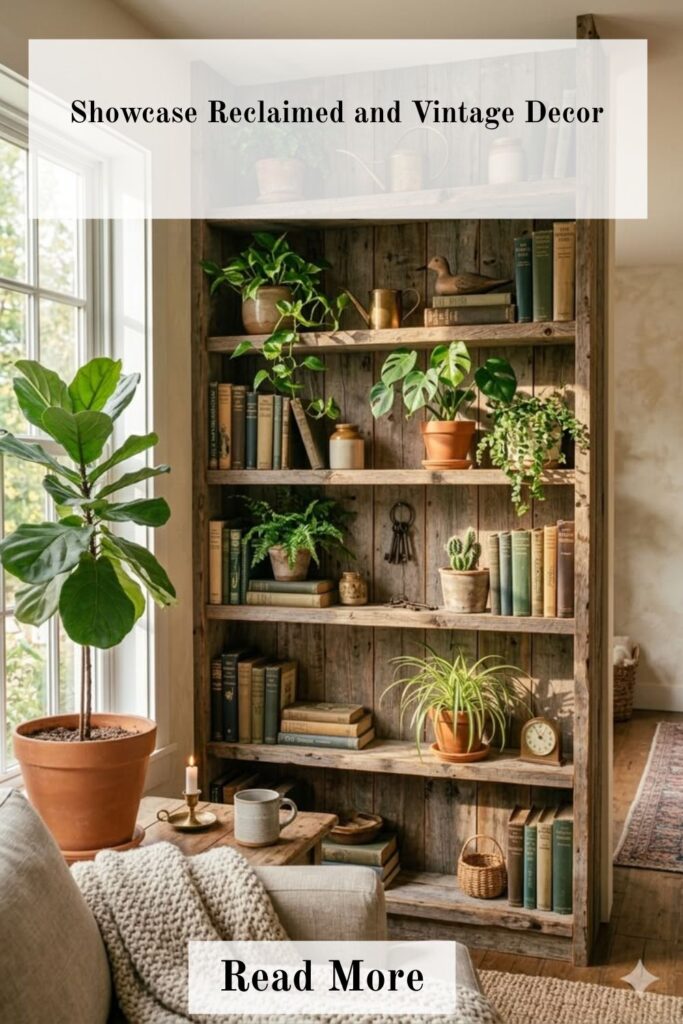 Modern farmhouse living room showcasing reclaimed wood furniture, vintage decor accents, distressed finishes, cozy textiles, and warm natural tones for a charming and comfortable home retreat.