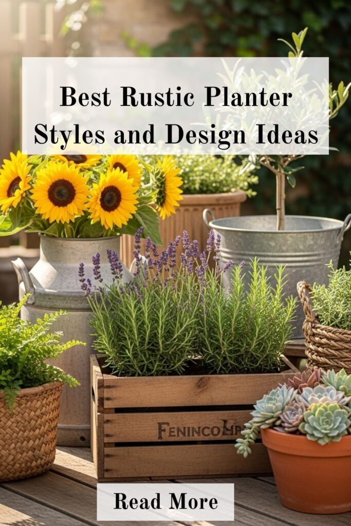 Best rustic planter styles featuring wooden, metal, and terracotta planters arranged with flowers and greenery in a cozy outdoor garden setting.